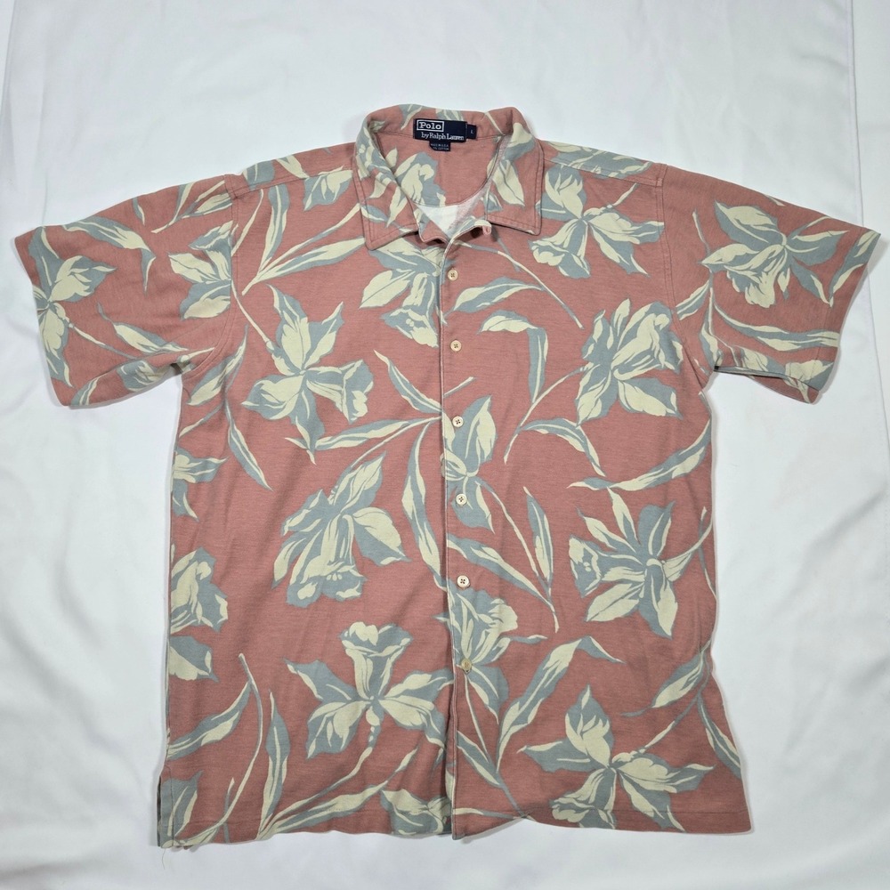 Vintage Polo Ralph Lauren Mens L Hawaiian Shirt USA Made Pink Floral Camp 90s